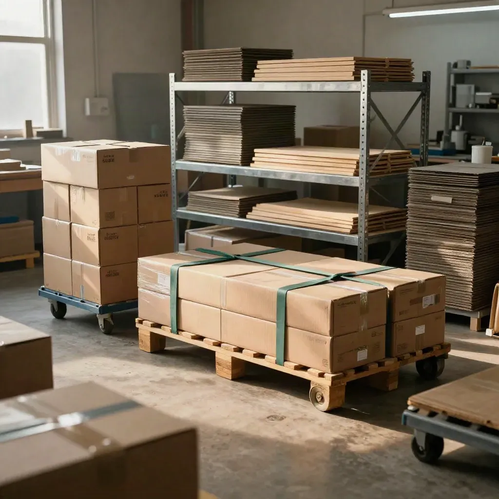 Quiet production floor with reserve shelving, sealed cartons, and half-finished stock ready for later demand.