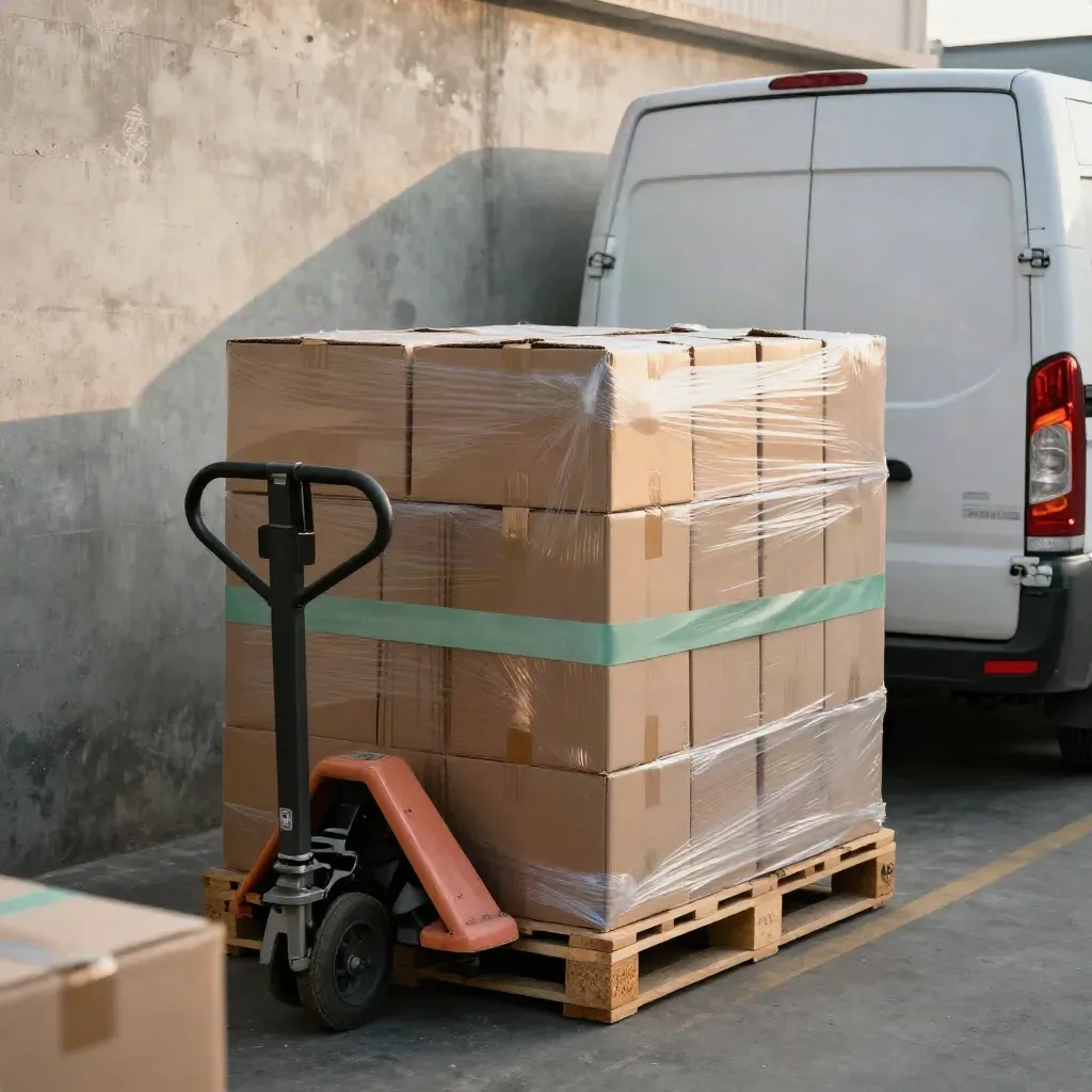 Warehouse receiving bay with pallet truck, shrink-wrapped boxes and a white van tail in warm light