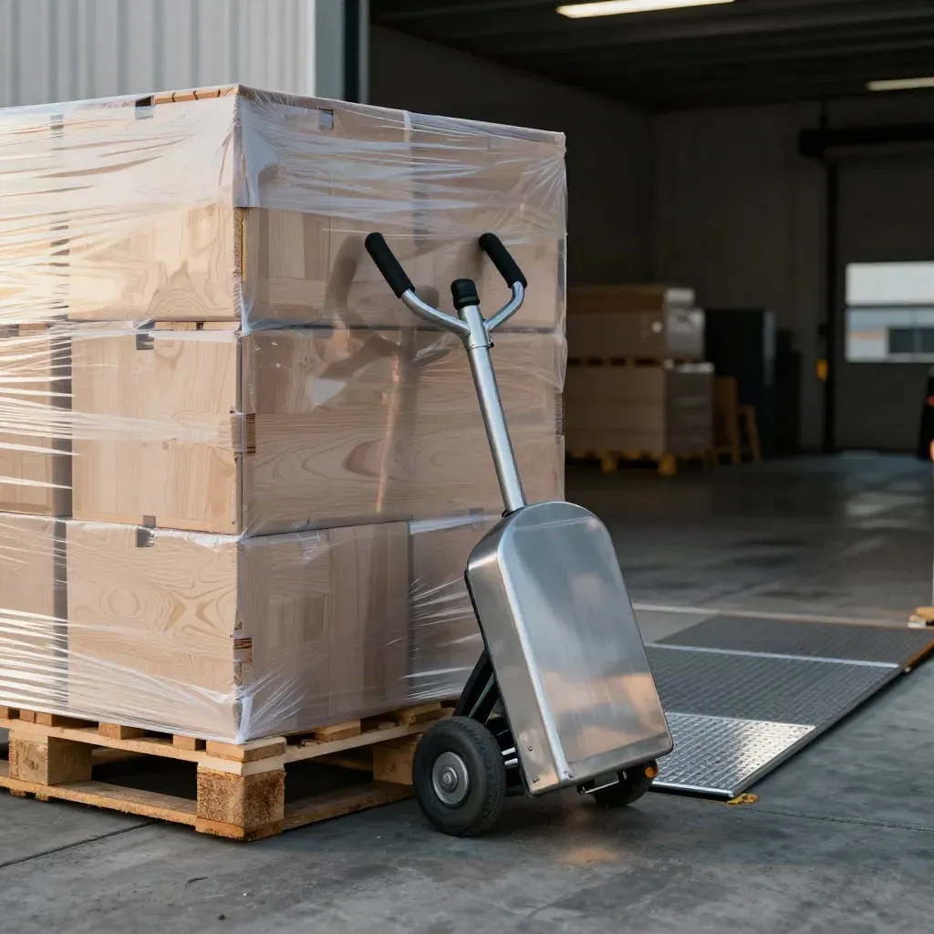 Wrapped pallets and a silver hand truck in a loading bay with dust in soft daylight.