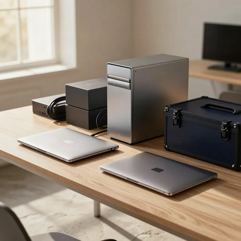 Closed laptops, server tower and boxed hardware in a polished media workspace.