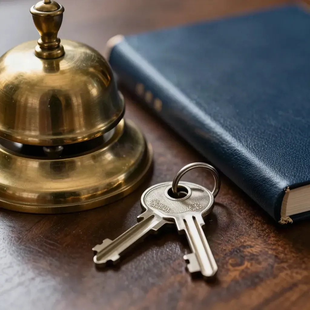 Brass desk bell, navy ledger and steel keys on dark wood in a finance office