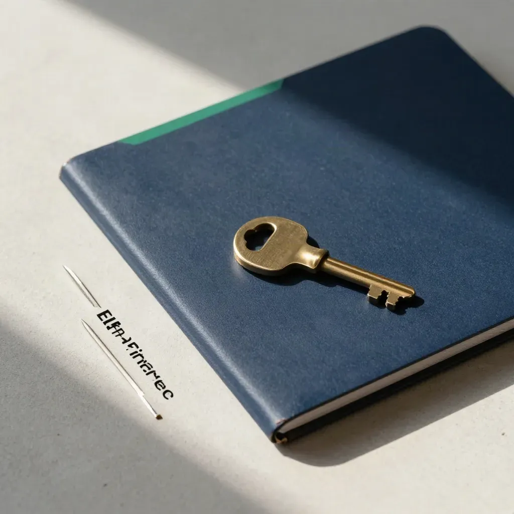 Overhead finance flatlay with folder, brass key and tabbed markers on concrete.