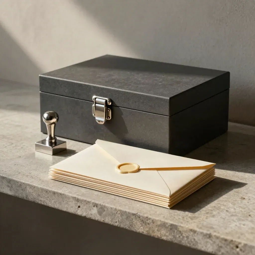 Closed file box, stamp block and sealed envelopes on a stone shelf.