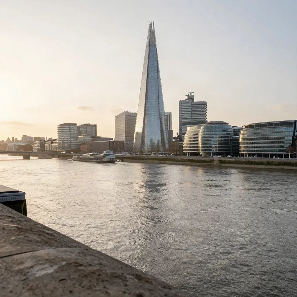 The Shard above the Thames in warm haze, with calm river and embankments below.
