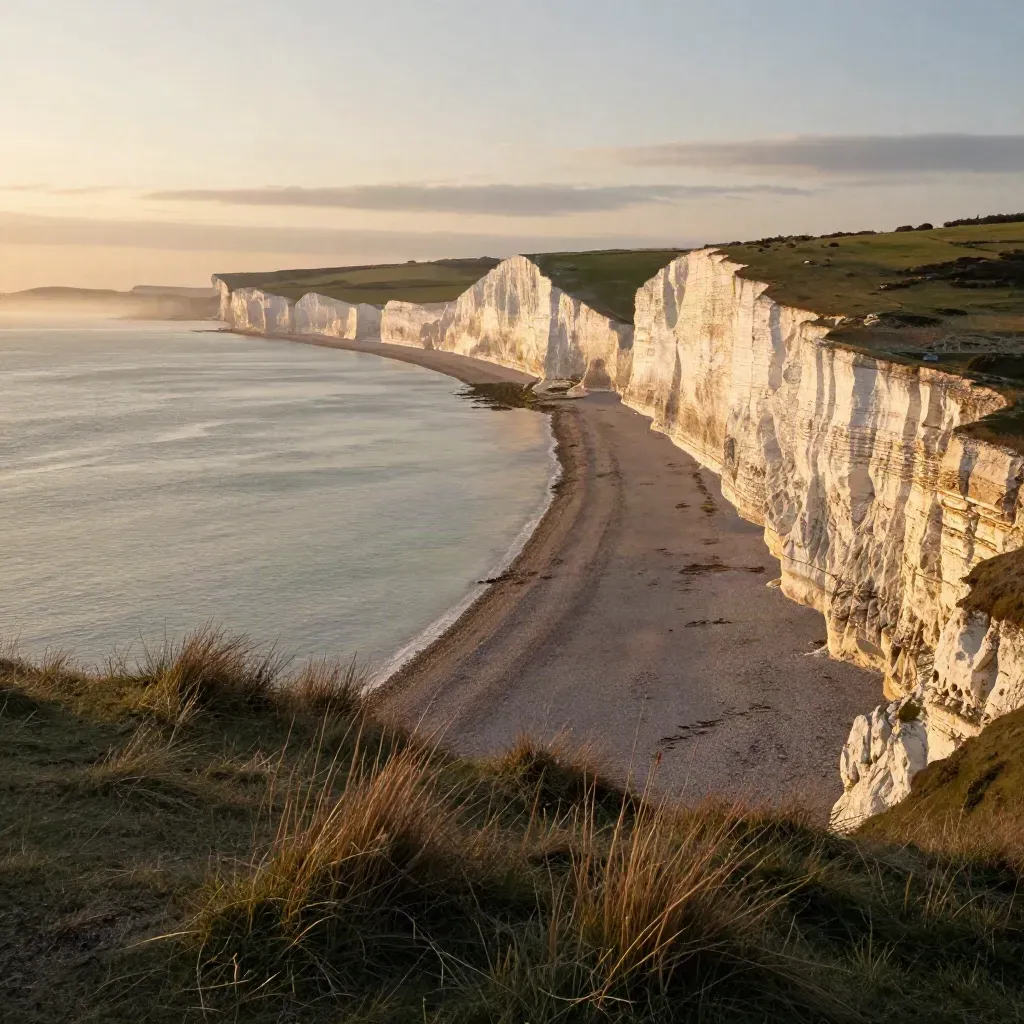 Golden chalk cliffs over a misty South East England coast at sunset.