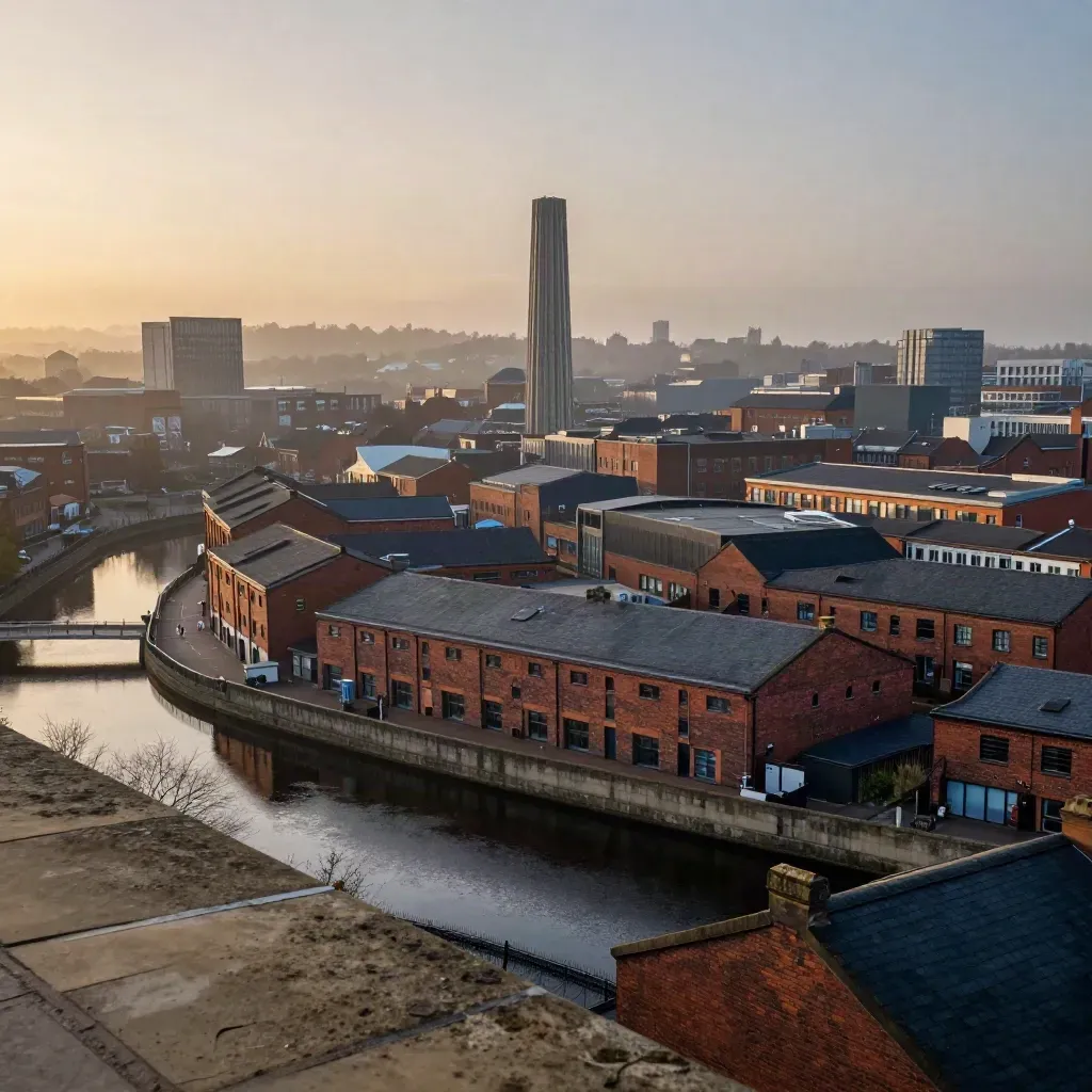 Birmingham skyline and canal loops in soft evening haze, with a tower high and open copy space below.